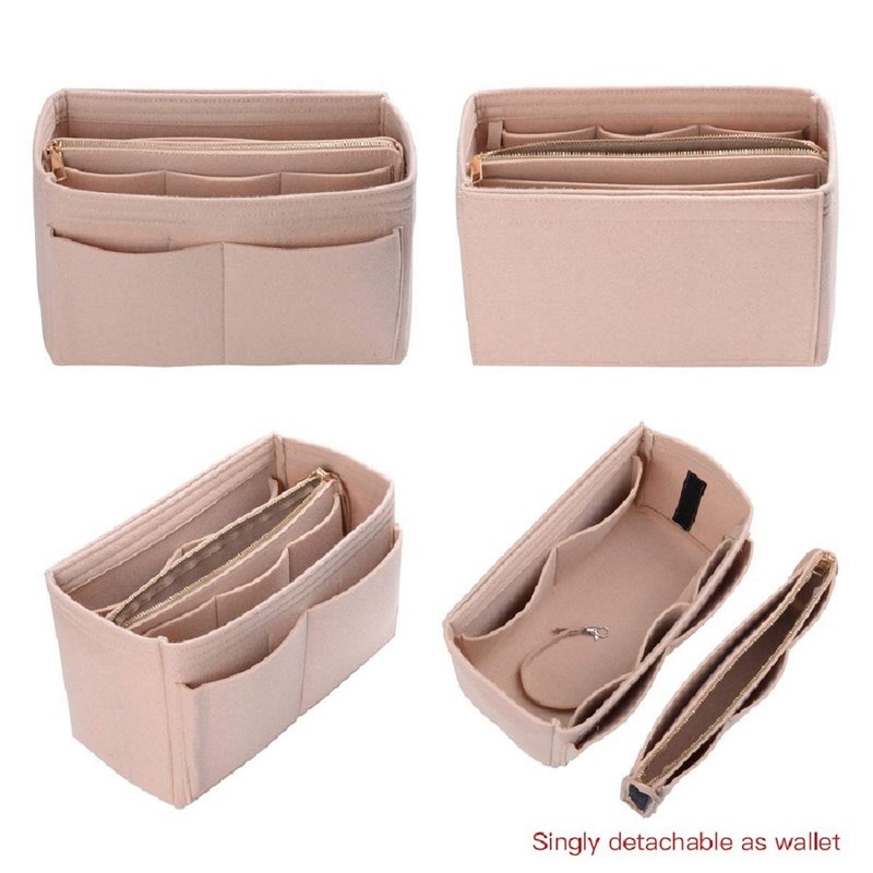 ZTUJO Purse Organizer Insert, Felt Bag Organizer with Metal Zipper, Handbag & Tote Shaper, For Speedy Neverfull Tote, 7 Sizes(Slender Large, Beige) - Image 3